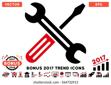 Intensive Red And Black Spanner And Screwdriver pictogram with bonus 2017 trend icon set. Vector illustration style is flat iconic bicolor symbols, white background.