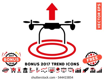 Intensive Red And Black Start Drone pictograph with bonus 2017 trend symbols. Vector illustration style is flat iconic bicolor symbols, white background.