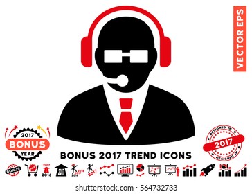 Intensive Red And Black Support Manager pictograph with bonus 2017 year trend clip art. Vector illustration style is flat iconic bicolor symbols, white background.