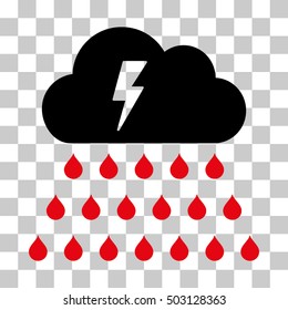 Intensive Red And Black Thunderstorm Rain Cloud interface toolbar pictogram. Vector pictograph style is a flat bicolor symbol on chess transparent background.