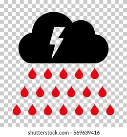 Intensive Red And Black Thunderstorm Rain Cloud toolbar pictogram. Vector pictogram style is a flat bicolor symbol on chess transparent background.