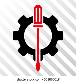 Intensive Red And Black Tuning Options Gear interface pictogram. Vector pictogram style is a flat bicolor symbol on diagonal hatch transparent background.