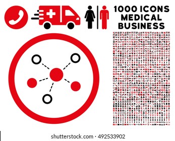 Intensive Red And Black Virtual Links vector bicolor rounded icon. Image style is a flat icon symbol inside a circle, white background. Bonus clipart is 1000 health care business elements.
