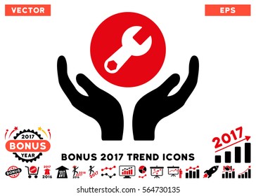 Intensive Red And Black Wrench Maintenance pictogram with bonus 2017 trend pictograph collection. Vector illustration style is flat iconic bicolor symbols, white background.
