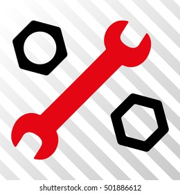 Intensive Red And Black Wrench and Nuts interface icon. Vector pictograph style is a flat bicolor symbol on diagonal hatch transparent background.
