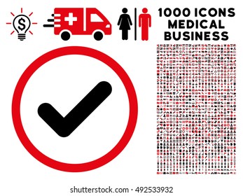 Intensive Red And Black Yes vector bicolor rounded icon. Image style is a flat icon symbol inside a circle, white background. Bonus set is 1000 medical business elements.