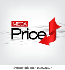 Intensive red twisted paper arrow banner Mega Price on grey background with abstract lines. Realistic style. Banner is for sales design and marketing. Stock vector illustration.