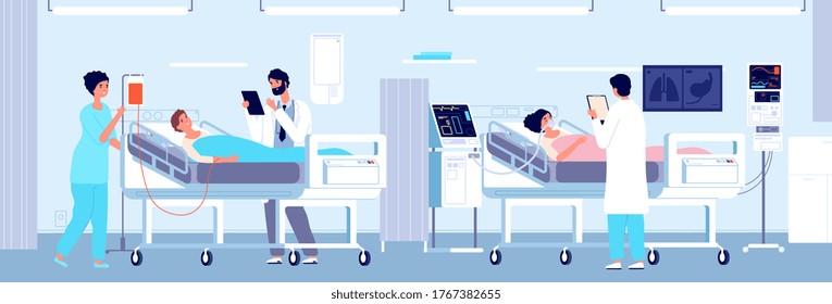 Intensive therapy clinic. Patients hospital care in ward interior. Woman mechanical ventilation apparatus, doctors nurse vector illustration