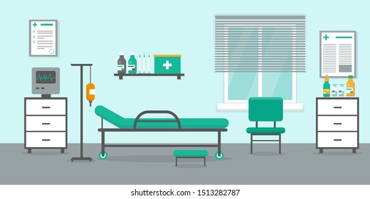 Intensive Therapy Room With Bed, Window And Medical Equipment. Hospital Emergency Room Interior Vector.illustration.