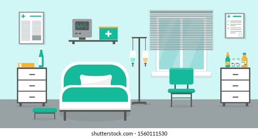 Intensive therapy room with bed, window and medical equipment. Hospital emergency room interior vector.illustration.