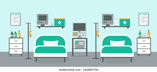 Intensive therapy room with two beds and medical equipment. Hospital  or clinic room interior. Vector illustration.