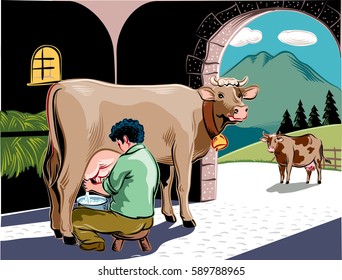 intent farmer milking a cow in the barn