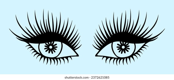 Intent female gaze. The eyelid is half closed. Seductive fox look. Lush black lashes. Sketch. Vector illustration. Doodle style. Outline on isolated blue background. Coloring book 