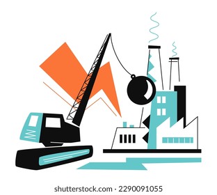Intentional demolition of a building - colorful flat design style illustration with linear elements. Orange and light blue colored picture with wrecking ball smashing some of industrial buildings