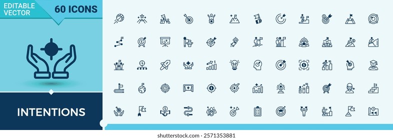 Intentions icons set in linear style. Contains such icons as mark, achievement, target, reward, success, win, man and more. Web icons. Editable vector icon and illustration.