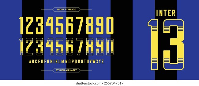 Inter 13: Retro Number Stylish sport concept. Jersey design with custom Yellow numbers. Vector illustration in blue and black background