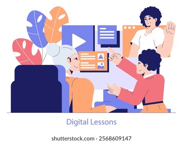 Inter generational Tech Support concept. A young teacher assists an older adult with digital technology. E-learning, digital literacy and generational connection. Vector illustration.