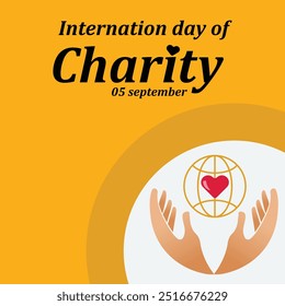 Inter nation day of charity.glob.heart.hands.art and illustrator.yellow element.vector design