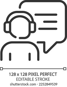 Interact with call centre operator pixel perfect linear icon. Person with headset and speech bubble. Support service. Thin line illustration. Contour symbol. Vector outline drawing. Editable stroke