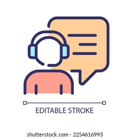 Interact with call centre operator pixel perfect RGB color icon. Person with headset and speech bubble. Support service. Isolated vector illustration. Simple filled line drawing. Editable stroke