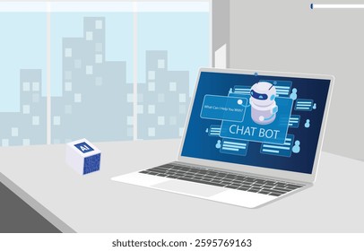 Interact with a friendly AI chatbot in a laptop, illustrating modern technology and digital communication.