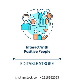 Interact with positive people concept icon. Overcoming lack of confidence abstract idea thin line illustration. Isolated outline drawing. Editable stroke. Arial, Myriad Pro-Bold fonts used