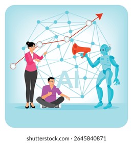 A interação entre os seres humanos e a inteligência artificial dos robôs conduz à integração e ao progresso tecnológico num ambiente em rede. Adotar a IA, conceito de adoção de inteligência artificial.