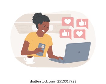 Interaktion mit Followern einzelne Cartoon-Vektorgrafiken. Schöne Mädchen antworten Kommentare auf Vlog, Chat mit Abonnenten, Lifestyle-Blog, Freizeit Kunst Aktivität, smm Vektor Cartoon.