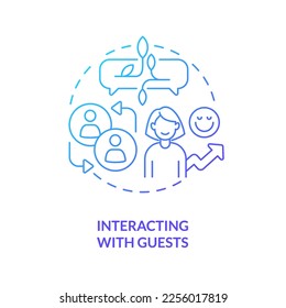Interacting with guests blue gradient concept icon. Staff training in hotel industry abstract idea thin line illustration. Welcoming and greeting. Isolated outline drawing. Myriad Pro-Bold font used