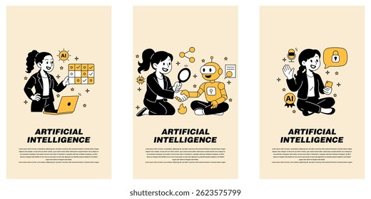 interacting with a robot assistant, training an AI dataset, and using a smart voice-enabled assistant in cartoon style Vector illustration