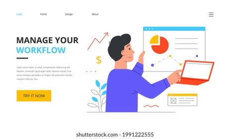 Interactuar con las operaciones de flujo de trabajo. Gestione su concepto de flujo de trabajo con un joven que trabaja en una laptop. Optimización de procesos de fuerza laboral, productividad, conceptos de control de flujo. Ilustración vectorial de dibujos animados planos
