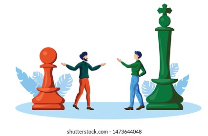 interaction with authority, chess pawn and king vector illustration concept