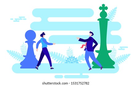 interaction with authority, chess pawn and king flat vector illustration