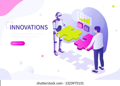 Interaction between human and robot. Can use for web banner, infographics, hero images. Flat isometric vector illustration isolated on white background.