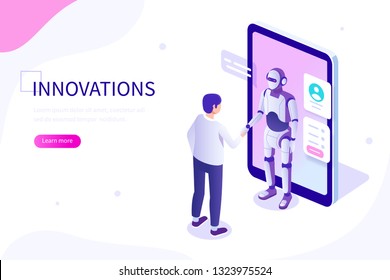 Interaction between human and robot. Can use for web banner, infographics, hero images. Flat isometric vector illustration isolated on white background.