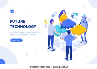 Interaction between team and robot. Can use for web banner, infographics, hero images. Flat isometric vector illustration isolated on white background.