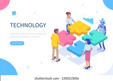 Interaction between team and robot. Can use for web banner, infographics, hero images. Flat isometric vector illustration isolated on white background.