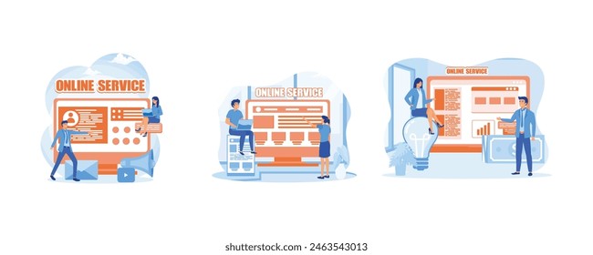 Interaction with a customer online service or platform. Responsive web design online service or platform. Employee loyalty online service or platform. Set flat vector modern illustration 