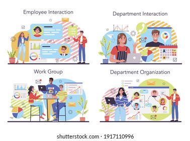 Interaction of departments concept set. Business teamwork. Idea of partnership and departments cooperation. Business profit and financial growth. Isolated flat vector illustration