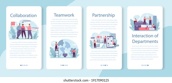 Interaction of departments mobile application banner set. Business teamwork. Idea of partnership and departments cooperation. Business profit and financial growth. Isolated flat vector illustration