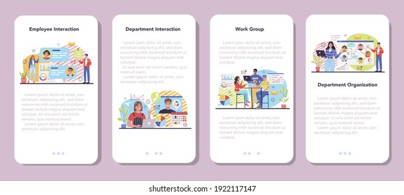 Interacción de departamentos de aplicaciones móviles conjunto de banners. Trabajo en equipo de negocios. Idea de asociación y cooperación entre departamentos. Ganancia comercial y crecimiento financiero. Ilustración vectorial plana aislada