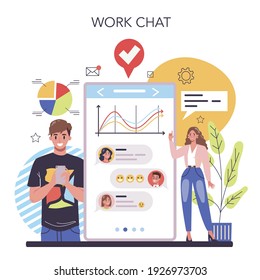 Interaction of departments online service or platform. Business teamwork. Idea of partnership and departments cooperation. Online work chat. Flat vector illustration