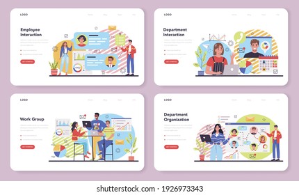 Interaction of departments web banner or landing page set. Business teamwork. Idea of partnership and departments cooperation. Business profit and financial growth. Isolated flat vector illustration