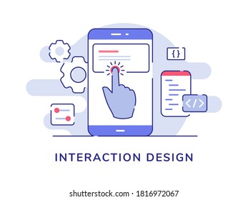 Diseño de interacción botón táctil del dedo en la pantalla del smartphone con un estilo de contorno plano