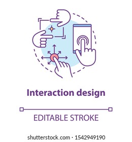 Interaction design concept icon. Mobile device software interface development idea thin line illustration. App graphics for better user experience. Vector isolated outline drawing. Editable stroke