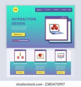 Interaction design flat landing page website template. Homepage artwork, create prototype, website content. Web banner with header, content and footer. Vector illustration.