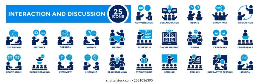 Interaction and discussion flat icons collection. Showing people talking, meeting, and sharing ideas. Perfect for teamwork visuals, workplace communication, and collaboration.