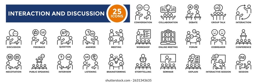 Interaction and discussion flat icons collection. Showing people talking, meeting, and sharing ideas. Perfect for teamwork visuals, workplace communication, and collaboration.