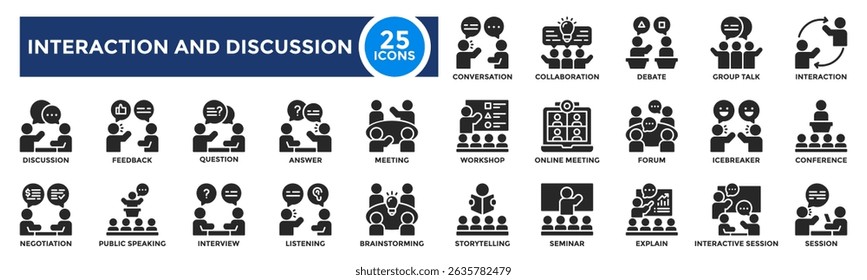 Coleção de ícones sólidos de interação e discussão. Mostrando pessoas conversando, encontrando e compartilhando ideias. Perfeito para imagens de trabalho em equipe, comunicação no local de trabalho e colaboração.