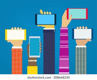 Interaction hands using mobile apps. Stylish concept for web and mobile 